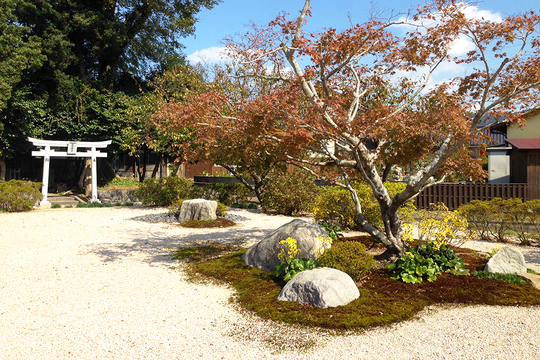 自然の背景が借景となる庭